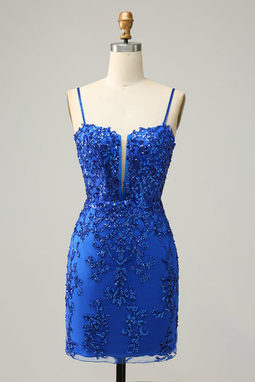 Tirantes de Espagueti Azul Real Vestido de Cóctel